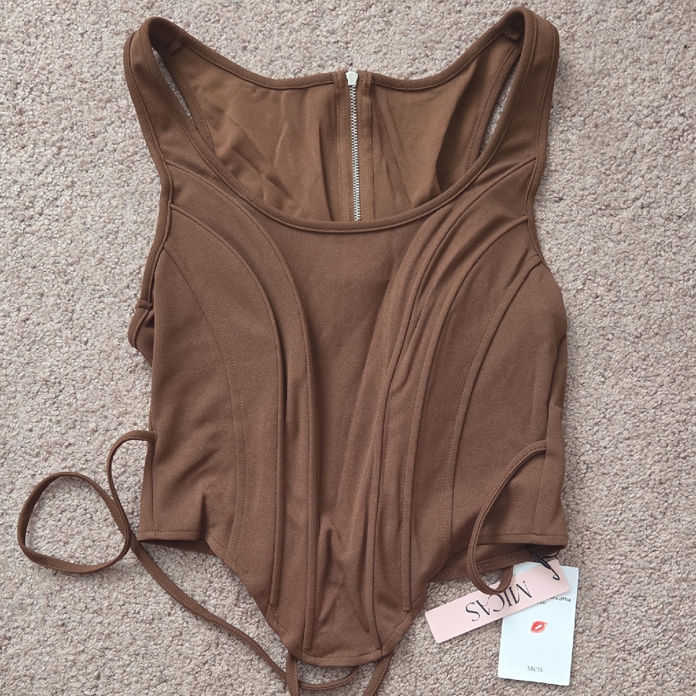 Brown Women's Tank Top Corset-Style Zip Back